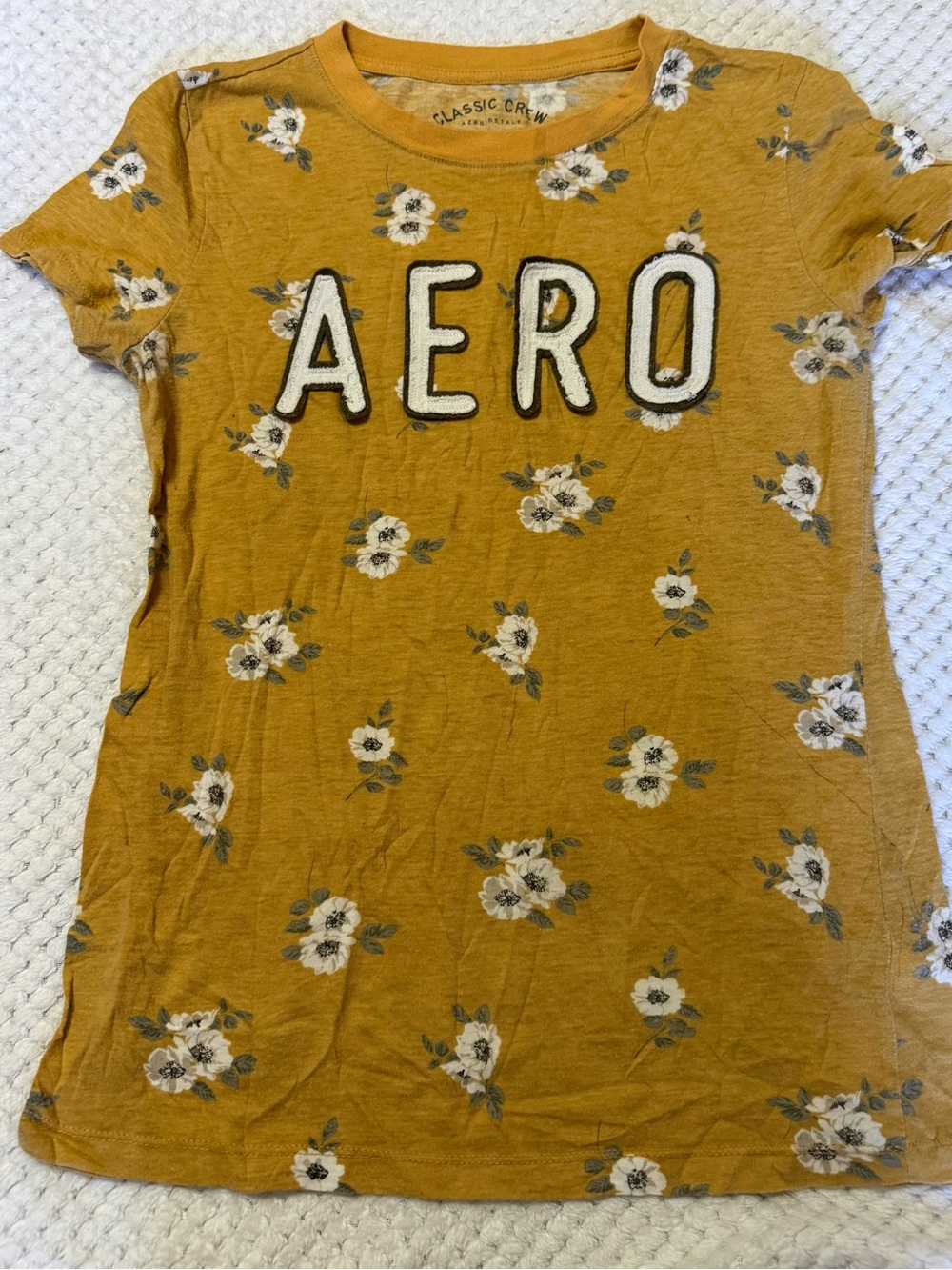 Aeropostale Girls' Mustard Yellow Floral Logo Tee